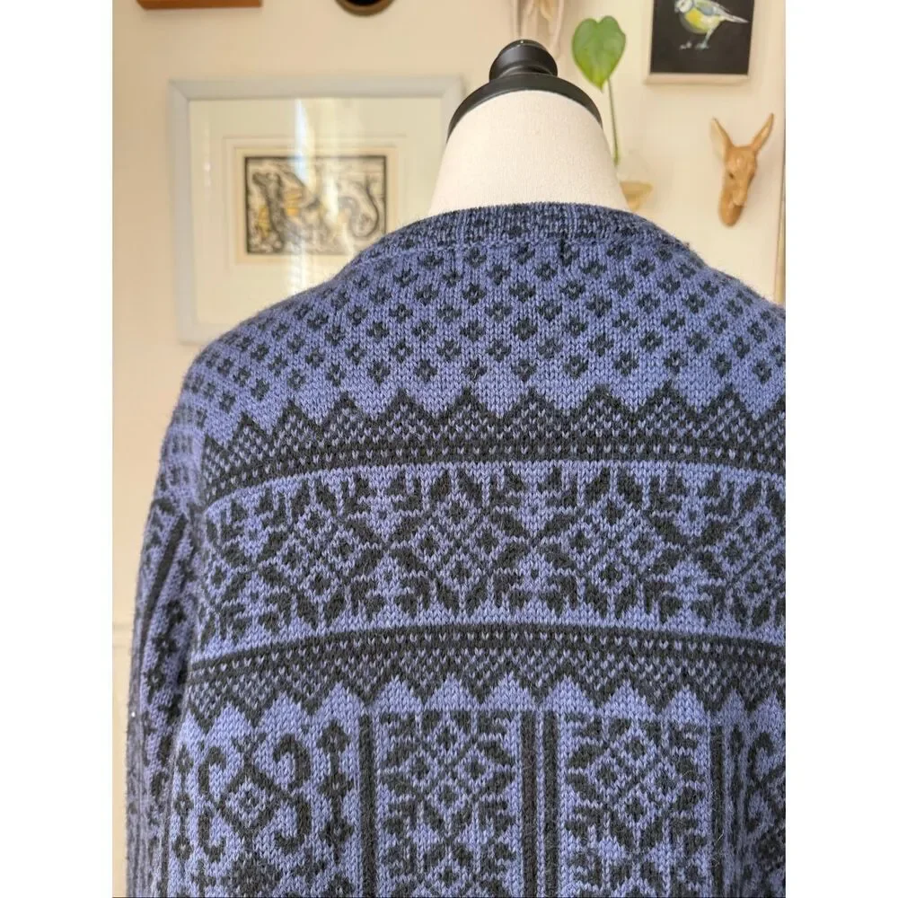 Vintage 90s Skyr Blue Black Wool Nordic Scandinavian Cardigan Sweater 2X